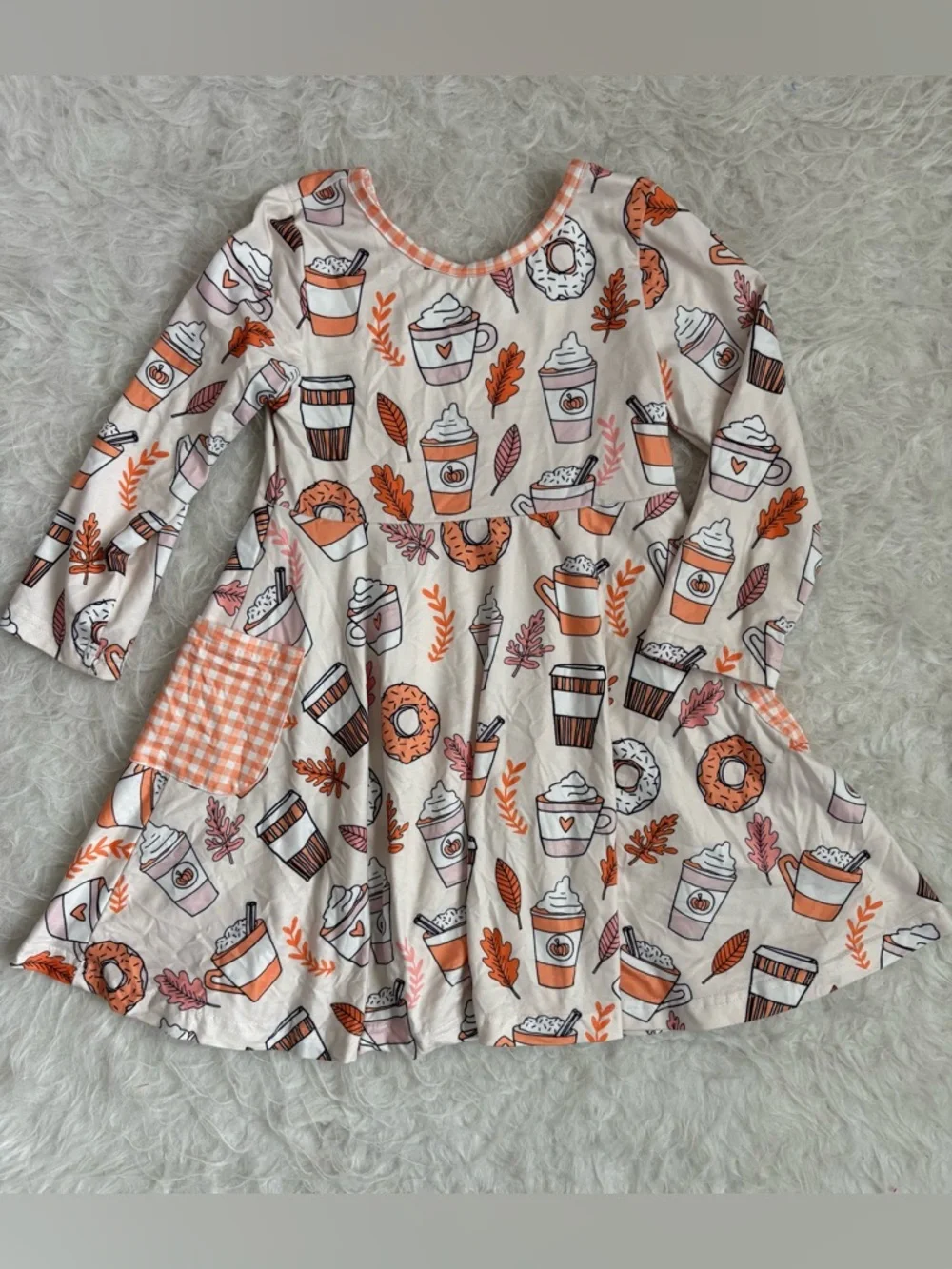 Marie Nicole Boutique Girls' Cream Dress with Autumn Orange Coffee & Donut AOP